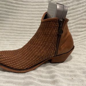 Madison County tan woven leather booties from Sundance.   Women SZ 11